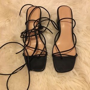 UO Black Leather Ankle Wrap Block Heel Sandals